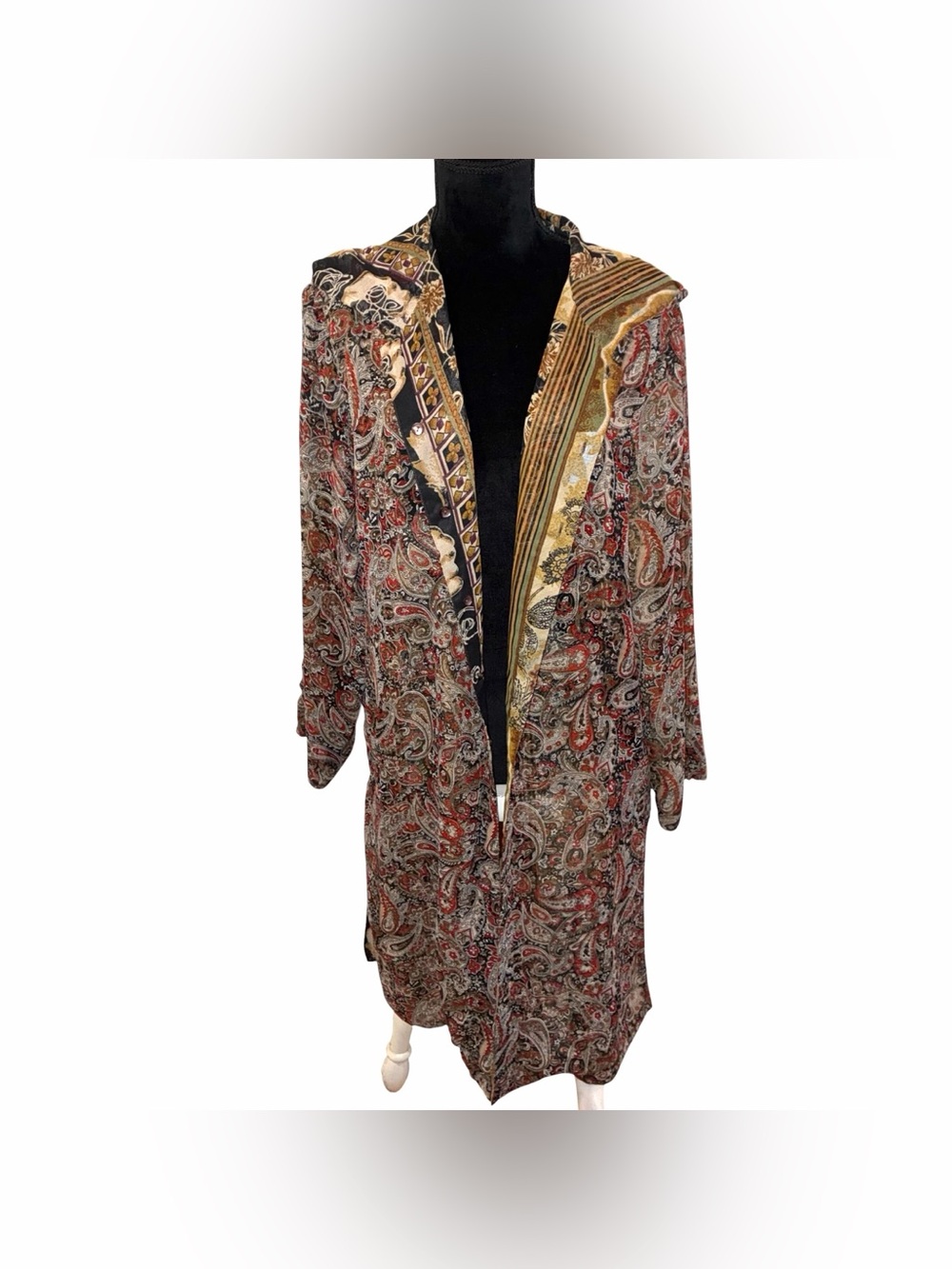 Reversible Paisley Floral Hooded Sheer Duster Size 1X Beaded Details
